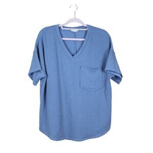 Altar'd State Blue Short Sleeve V-neck Textured Casual T-Shirt Top Size S